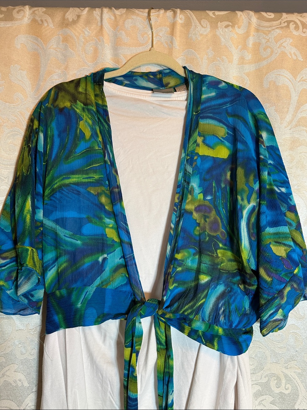 Chico's Blue & Green Tie-Front Printed Silk Shrug